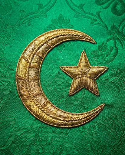 Gold Embroidered Crescent and Star on Green