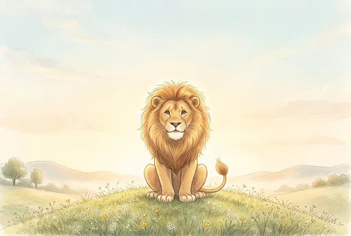 Storybook Lion Illustration on Grassy Hill