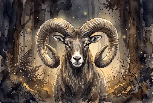 Watercolor Illustration of Ram in Glowing Forest