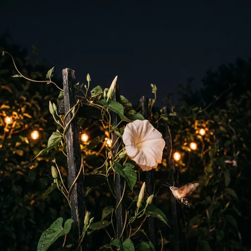 Moonflower Blooming on Garden Trellis at Night
