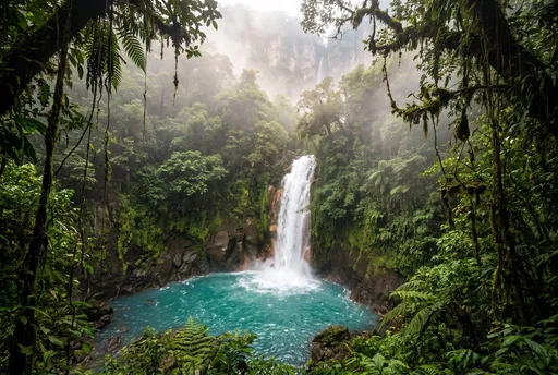 Tropical Waterfall in Misty Jungle Lagoon