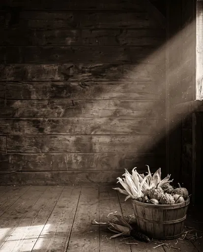 Sepia Barn Interior With Harvest Basket