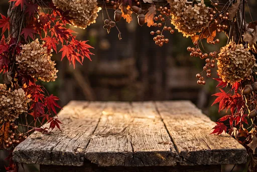 Rustic Wooden Table With Autumn Foliage Frame