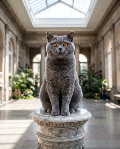 British Shorthair Cat On Marble Pedestal