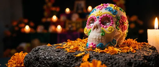 Decorated Sugar Skull on Volcanic Stone