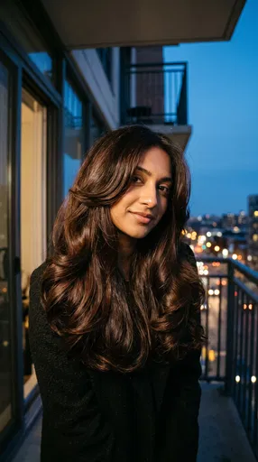 Woman With Voluminous Brown Hair on Balcony