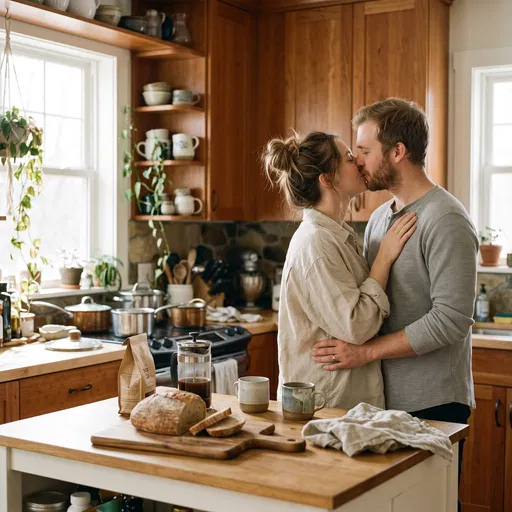 Couple Kissing in Warm Sunlit Kitchen