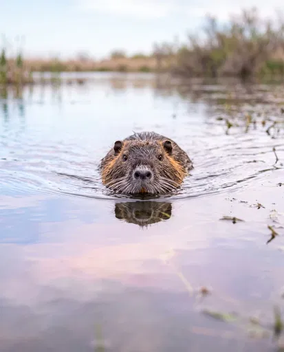 Coypu Swimming Toward Camera in Calm Water