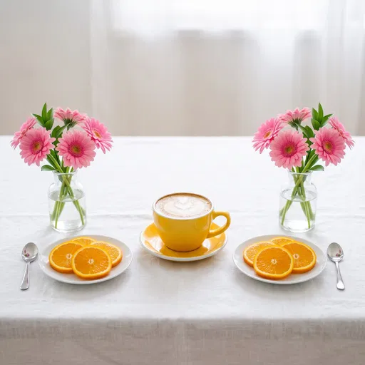 Symmetrical Breakfast Table With Cappuccino and Daisies