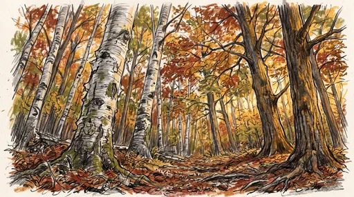Autumn Forest Oil Pastel and Graphite Drawing