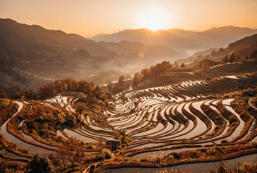 Golden Sunset Over Terraced Rice Paddies