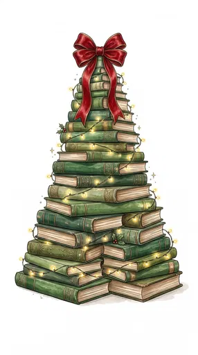 Antique Green Book Stack Christmas Tree Illustration