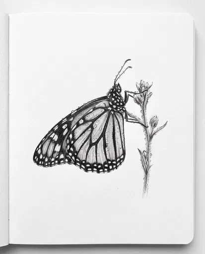 Graphite Pencil Drawing of Dewy Monarch Butterfly