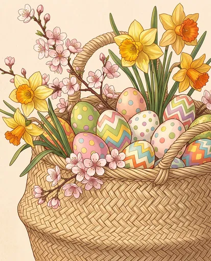 Illustrated Easter Basket With Spring Flowers