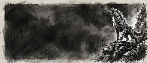 Charcoal Drawing of Wolf Howling on Cliff