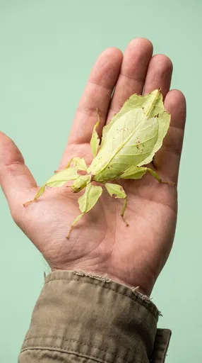 Hand Holding Green Walking Leaf Insect