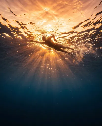 Underwater Silhouette of Swimmer at Sunset