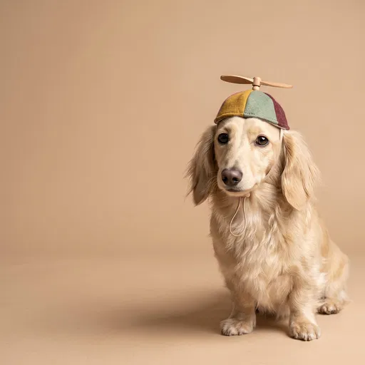 Cream Dachshund Wearing Vintage Propeller Beanie