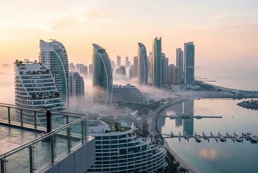 Misty Sunrise Over Coastal City Skyline