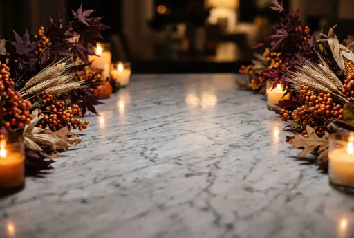 Autumn Foliage and Candles on Marble Countertop