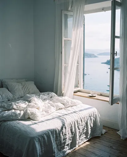 Sunlit Coastal Bedroom with Open Window