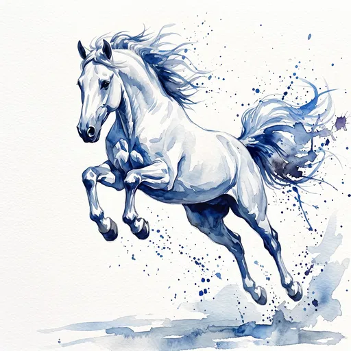 Blue Watercolor Painting of Leaping Horse