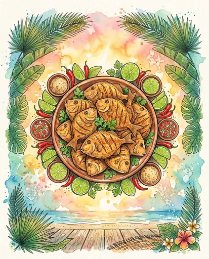 Watercolor Illustration of Tropical Fried Fish Feast