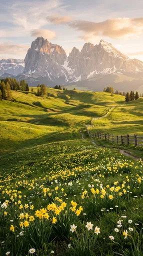 Alpine Meadow with Spring Wildflowers at Sunset