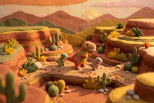 Felt Dinosaur Family in Desert Canyon Diorama