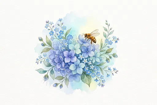 Watercolor Honeybee on Blue Hydrangeas