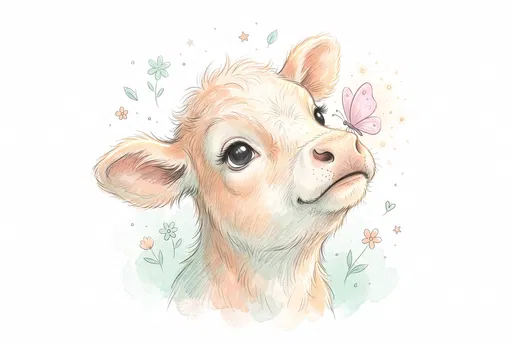 Watercolor Calf With Pink Butterfly