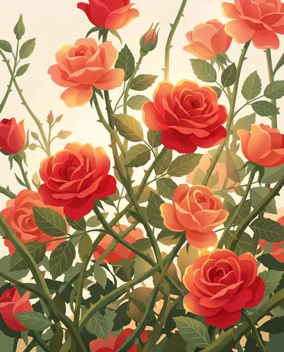 Glowing Scarlet and Coral Climbing Roses Illustration