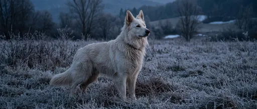 White Shepherd Dog in Frosty Meadow