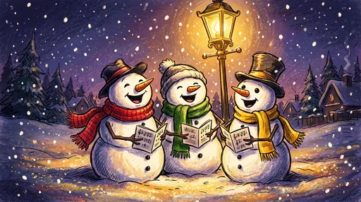 Three Snowmen Caroling Under Winter Streetlamp