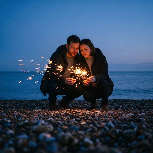 Couple Holding Sparklers on Twilight Pebble Beach