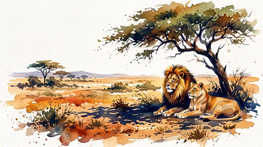 Watercolor Lions Under Savanna Acacia Tree