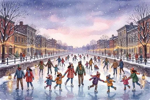 Watercolor Illustration of Families Ice Skating on Canal
