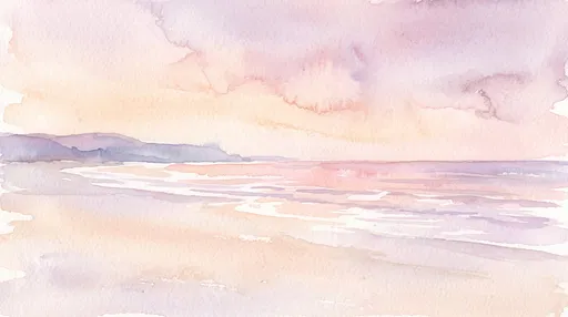 Soft Pastel Watercolor Coastal Sunset Landscape