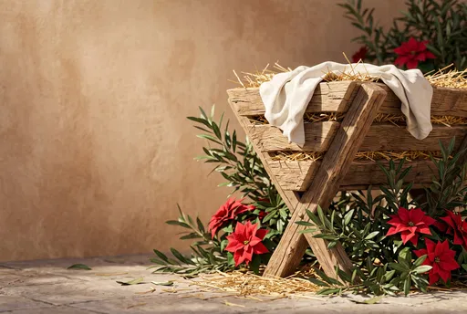 Wooden Manger With Poinsettias and Copy Space