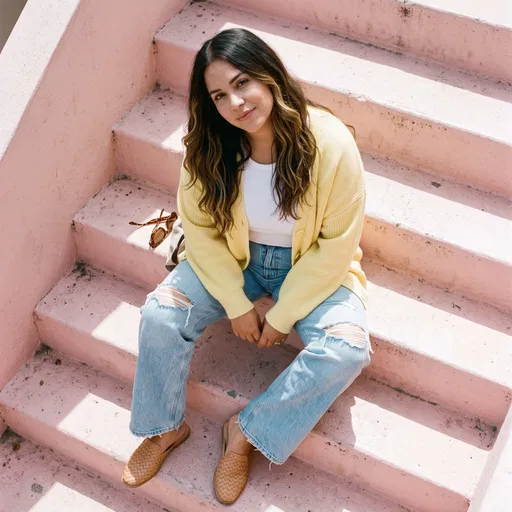 Woman Sitting on Pastel Pink Steps