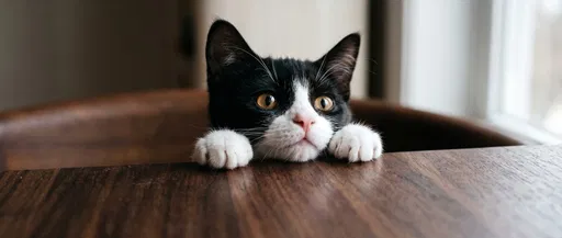 Tuxedo Cat Peeking Over Wooden Desk
