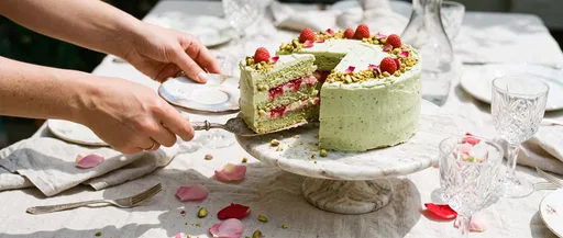 Serving Pistachio Raspberry Layer Cake Outdoors