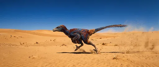 Feathered Velociraptor Running Across Desert Sand Dunes
