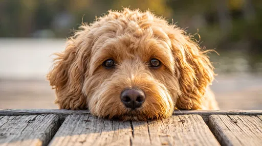 Miniature Labradoodle Resting on Wooden Dock