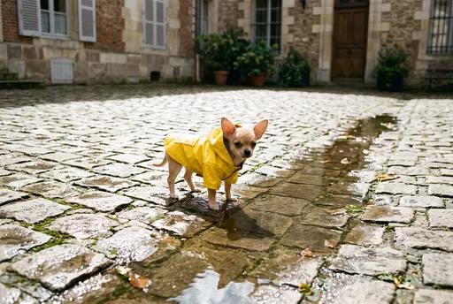 Chihuahua Puppy in Yellow Raincoat Outdoors