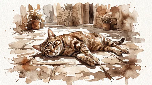 Sepia Watercolor of Resting Tabby Cat
