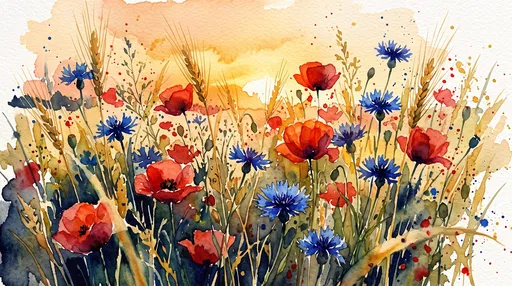 Watercolor Poppies Cornflowers and Wheat at Sunset