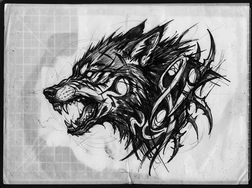 Scanned Ink Sketch of Snarling Wolf