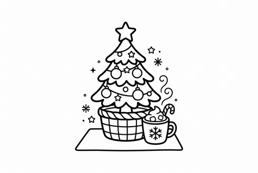 Christmas Tree and Hot Cocoa Coloring Page