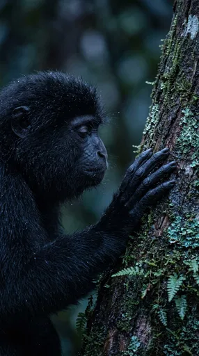 Black Monkey Resting on Mossy Tree